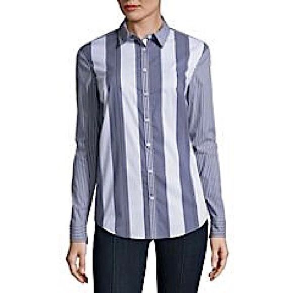 NWT BELLE SKY Button Blue Striped Open Back Top - Picture 1 of 10